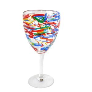 Pier 1 Imports Confetti Art Glass Wine Stem Water Goblet Hand Blown Art Glass